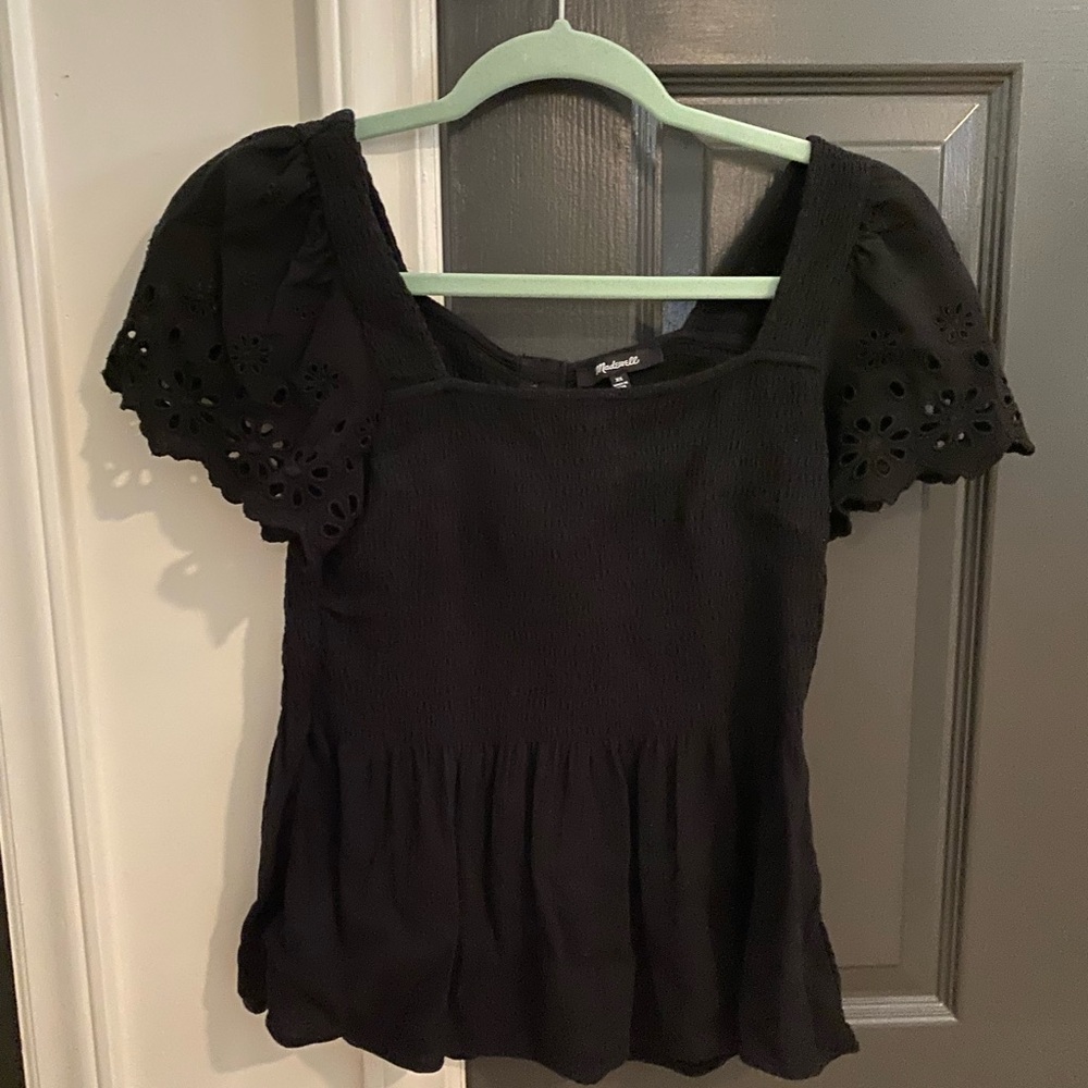 Madewell Black Eyelet Sleeve Top With Peplum